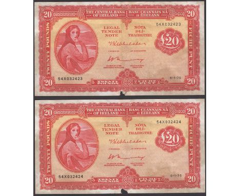 Central Bank of Ireland, £20 (3), 6 January 1975, consecutive serial numbers 54X 032423-25, Whitaker and Murray signatures, e