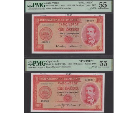 Banco Nacional Ultramarino, Cape Verde, printers archival specimen 100 Escudos (3), 16 June 1958, serial number ranges 420001