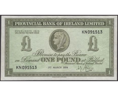 Provincial Bank of Ireland Ltd, £1, 1 March 1954, serial number KN091513, Shaw signature, original and fresh paper, light han