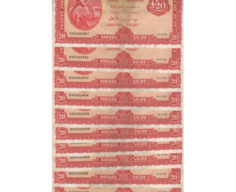 Central Bank of Ireland, £20 (10), 6 January 1975, consecutive serial numbers 54X 032401-10, Whitaker and Murray signatures, 