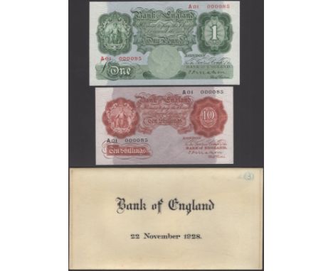 Bank of England, Cyril P. Mahon, Parchment Pair, 10 Shillings and £1, 22 November 1928, both with serial number A01 000085, c