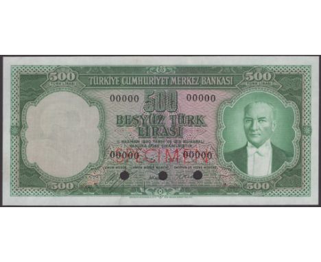 Central Bank of Turkey, colour trial 500 Turk Lirasi, 11 June 1930, serial number 00000, green print on multicolour, red SPEC