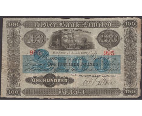 Ulster Bank Limited, £100, 1 June 1929, serial number 995, manuscript Patton signature, pinholes, original paper, an attracti