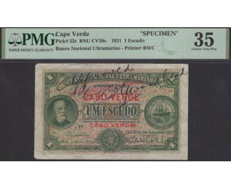 Banco Nacional Ultramarino, Cape Verde, proof 1 Escudo, 1 January 1921, no serial number, perforated CANCELLED, with official