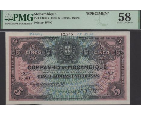 Companhia de Mocambique, printers archival specimen 5 Libras Esterlinas, 15 January 1934, serial number range 10,001 to 20,00