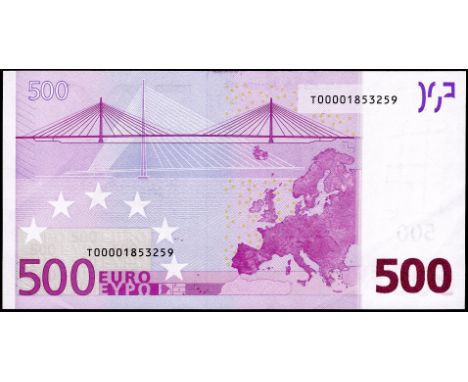 European Central Bank, 500 Euros, 2002 (2011-16), serial number T00001853259 (Ireland), Duisenberg signature, original paper 