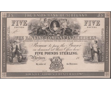 Banking Company in Aberdeen, proof on card for £5 Sterling, 18-, no signatures or serial number, light mounting traces, extre