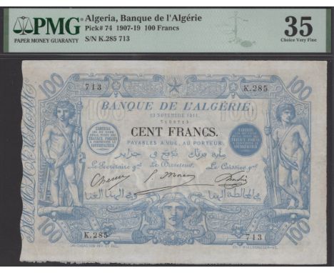Banque de l’Algerie, 100 Francs, 30 November 1911, serial number K.285 713, in PMG holder 35, choice very fine, minor restora