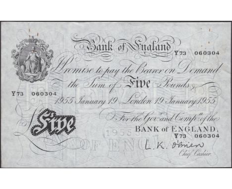 Bank of England, Leslie K. O’Brien, £5, 19 January 1955, serial numbers Y73 060304, rusty paper clip marks, handling, origina
