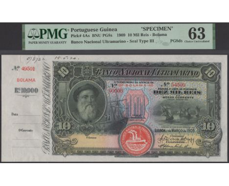 Banco Nacional Ultramarino, Portuguese Guinea, printers archival specimen 10 Mil Reis, 1 March 1909, serial number range 4950