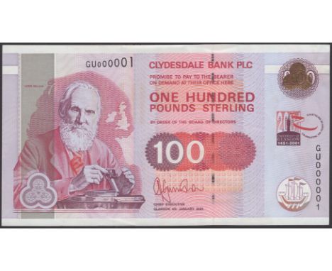 Clydesdale Bank PLC, Glasgow University Commemorative £100, 1 January 2001, serial number GU000001, Grimshaw signature, light