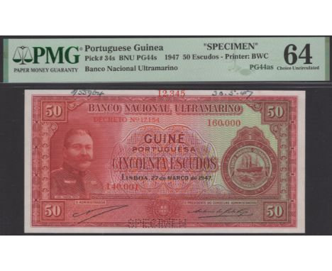 Banco Nacional Ultramarino, Portuguese Guinea, printers archival specimen 50 Escudos, 27 March 1947, serial number range 140,
