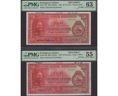 Banco Nacional Ultramarino, Portuguese Guinea, printers archival specimen 50 Escudos (2), 27 March 1947, serial number ranges