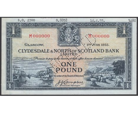 Clydesdale & North of Scotland Bank Limited, specimen £1, 1 June 1955, serial number M000000, Campbell signature, perforated 