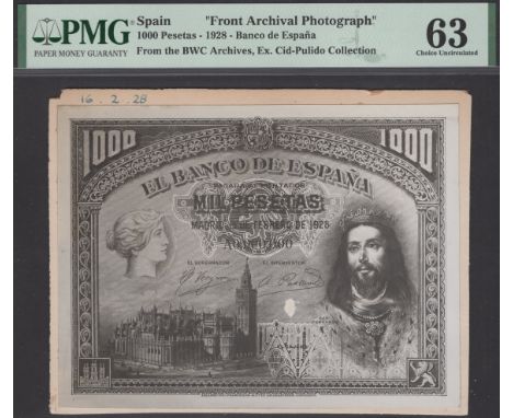 Banco de Espana, a Bradbury Wilkinson archival obverse and reverse photograph for a proposed issue of 1000 Pesetas, ink date 