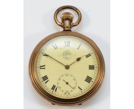 Waltham, a gold plated keyless wind open face pocket watch, Tempus 7 jewel movement, 49mm.Working when catalogued