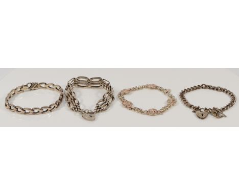 Four 925 silver bracelets, gate panel, heart lock closures on two, 19cm, 70g