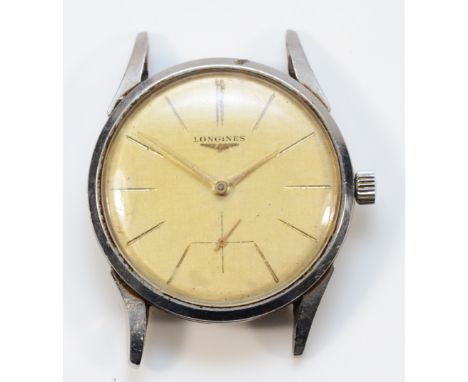 Longines, a stainless steel manual wind gentleman's watch head, 39mm. Working when catalogued Condition-All hands move as the