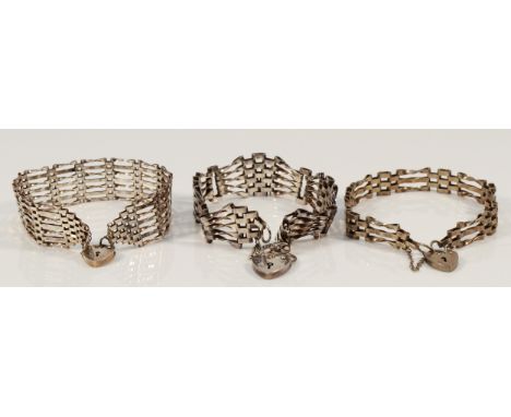 Three 925 silver gate panel bracelets with heart padlock clasps, 39g