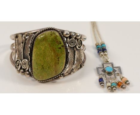 Carolyn Pollack, a 925 silver and gemset Native American necklace, 38cm, with a sterling silver hardstone set cuff bangle, 60