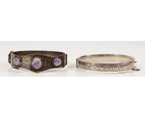 Excalibur, sterling silver and amethyst quartz hinged bangle, 60mm, with a sterling silver embossed hinged bangle, hallmarks 