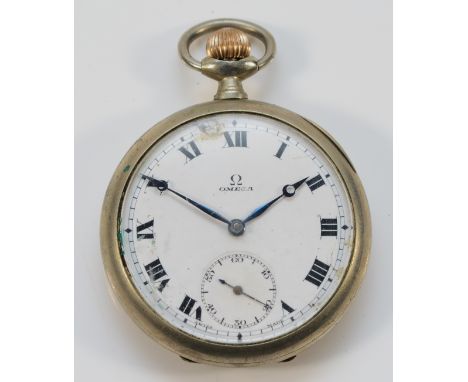 Omega, a nickel cased keyless wind open face pocket watch, 49mm.Working when catalogued, damage to dial at 11.30