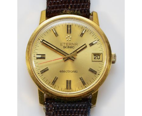Eterna Sonic, a gilt metal electronic date gentleman's wristwatch, 39mm, original box. Working when catalogued. Condition- El