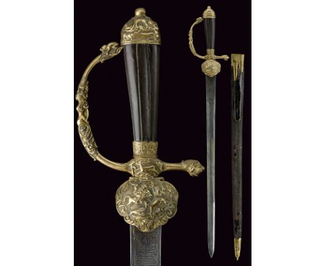 A hunting hanger with knife and fork dating: 18th Century provenance: Germany Straight, single -and false-edged blade with fu