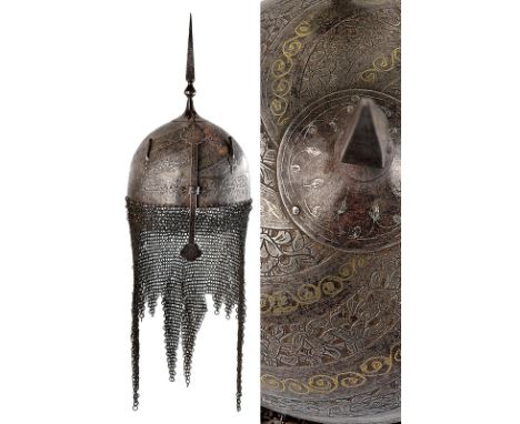 A khula-khud dating: circa 1800 provenance: Indopersia Iron skull, surmounted by a cusp of square section, provided with a kn