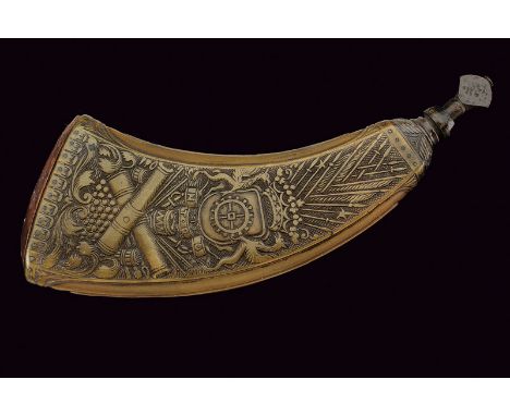 A beautiful carved powder-flask by J. F. Goetze in Hohen Limburg dating: last quarter of the 18th Century provenance: Germany