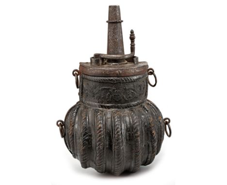 A fine Cuir-Bouilli powder-flask dating: last quarter of the 16th Century provenance: Italy Wooden body with boiled leather c