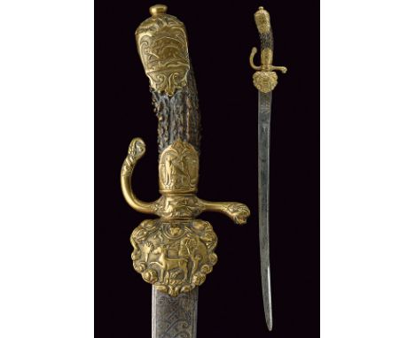 A fine hunting hanger dating: 18th Century provenance: Germany Slightly curved, single -and false-edged blade with central fu