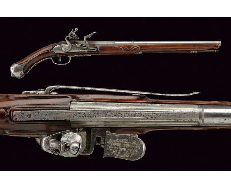 An early and long flintlock pistol by Ventura Cani dating: 17th Century provenance: Brescia Smooth, long, three-stage, 12 mm 