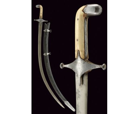 A shamshir dating: first quarter of the 19th Century provenance: Turkey Curved, flat, single-edged, damask blade; iron hilt w