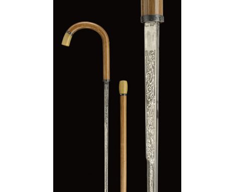 A stick sword dating: 19th Century provenance: Europe Straight blade, engraved with floral motifs and marked "TOLEDO"; grip a