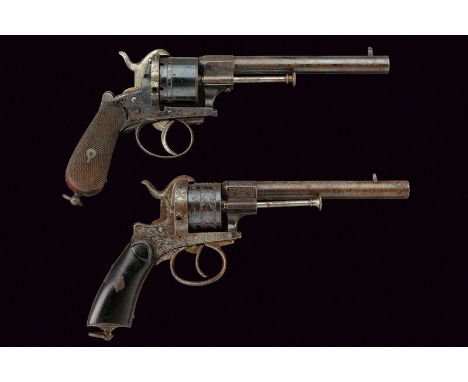 A lot of two pin-fire revolvers dating: third quarter of the 19th Century provenance: Europe One with round, rifled, 9 mm cal