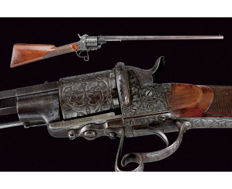 A Lefaucheux pin-fire revolving carbine dating: third quarter of the 19th Century provenance: Belgium Smooth, two-stage, roun