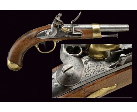 An AN XIII model flintlock pistol dating: first quarter of the 19th Century provenance: France Smooth, round, 17 mm cal. barr