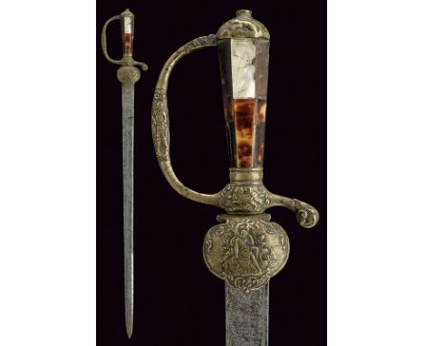 A hunting hanger dating: 18th Century provenance: Germany Straight, single -and false-edged blade, engraved with deer and wov