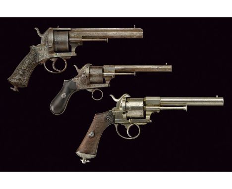 A lot of three pin-fire revolvers dating: third quarter of the 19th Century provenance: Belgium One with round, 11 mm cal. ba