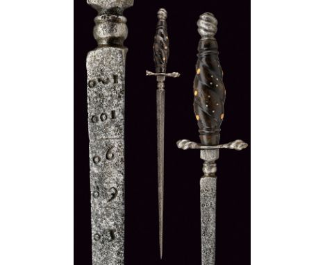 A bombardier stiletto dating: 17th Century provenance: Italy Triangular, straight blade, featuring an engraved scale at the b