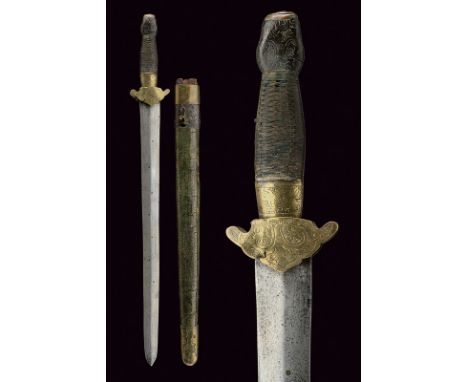 A jian (sword) dating: 19th Century provenance: China Straight, double-edged blade of lozenge section, decorated with brass d