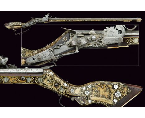 A beautiful wheel-lock tschinke dating: mid-17th Century provenance: Teschen Octagonal, rifled, 7 mm cal. barrel with slightl