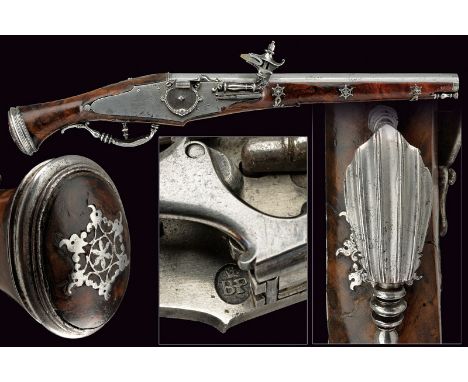 An interesting wheel-lock pistol dating: 17th Century provenance: Tuscany Smooth, octagonal, 15 mm cal. barrel; engraved tang