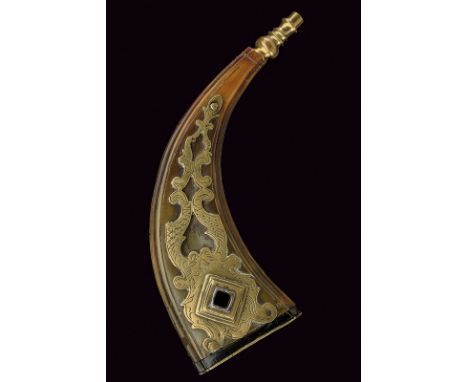 A powder-flask with wheel look key dating: circa 1700 provenance: Germany Flask of pressed, cow horn, with grooved borders an
