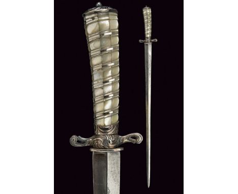 A beautiful hunting hanger dating: last quarter of the 18th Century provenance: Germany Straight, double-edged blade of lozen