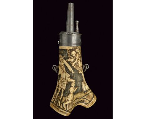 A fine powder-flask dating: 17th Century provenance: Germany Of stag horn, chiselled with the scene of the sacrifice of Abrah