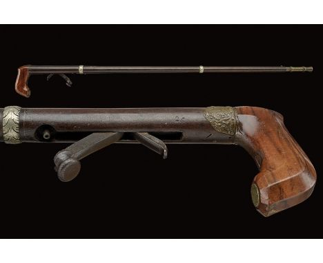 A rare percussion stick gun dating: mid-19th Century provenance: London Smooth, round, turn-off, iron, 12 mm cal. barrel with