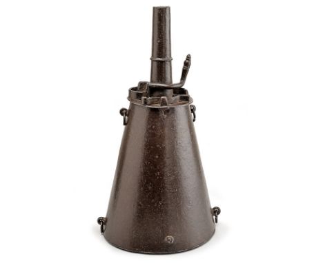 A powder-flask dating: 17th Century provenance: Northern Italy Entirely made of iron, with fine dark patina. The body convex 