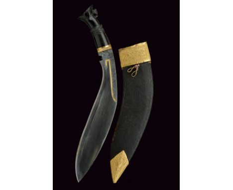 A gold mounted kukri dating: late 19th Century provenance: Nepal Strong, curved, single-edged blade, wider at the tip, with a